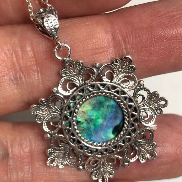 1401 Sterling Silver 925 Abalone filigree Necklace 18” 8g Marked JAJA TURKEY 925 - Picture 3 of 3